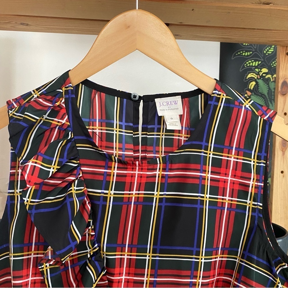 J. Crew Red Green Black Blue Tartan Christmas Holiday Plaid Ruffle Tank Top 0 - Picture 5 of 13